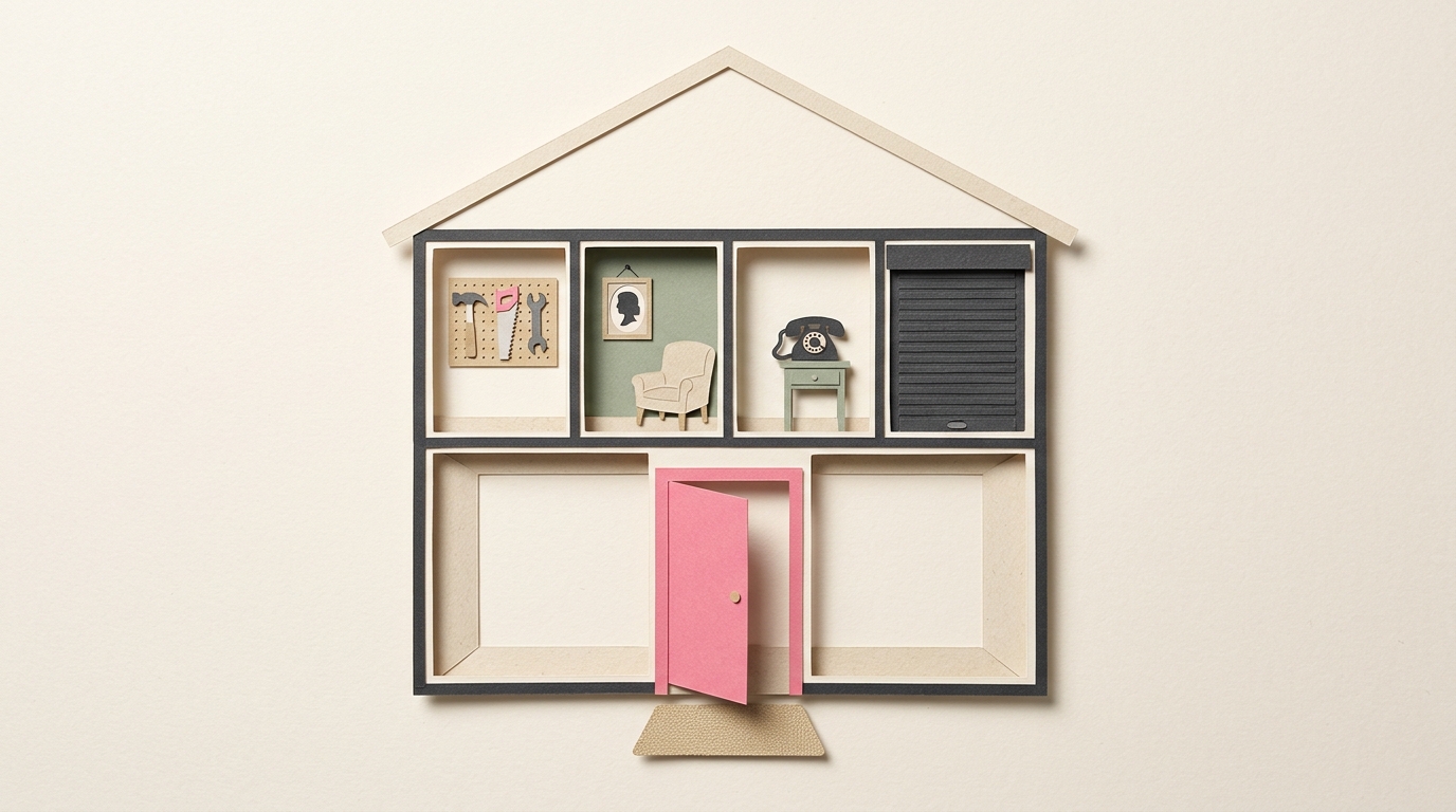 Paper collage of a small shop cut open to show five rooms: a front door, a tool wall, a portrait, a telephone and a locked shutter